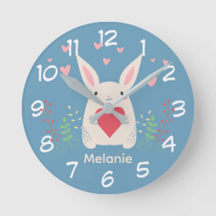 Cute White Bunny With Heart Personalised Round Clock