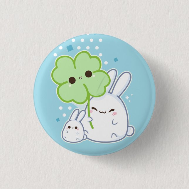 Cute white bunny with kawaii clover 3 cm round badge (Front)