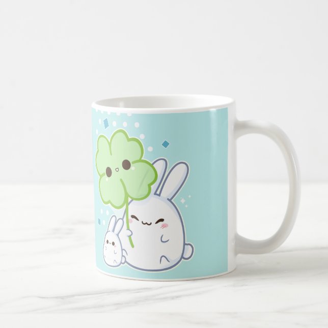 Cute white bunny with kawaii clover coffee mug (Right)