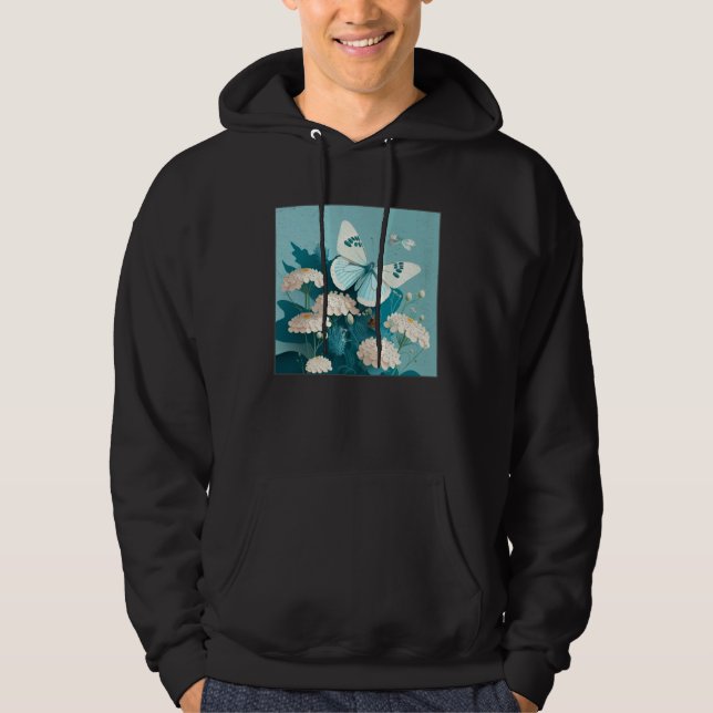 Cute White Butterfly Illustration Flowers Minimal  Hoodie (Front)