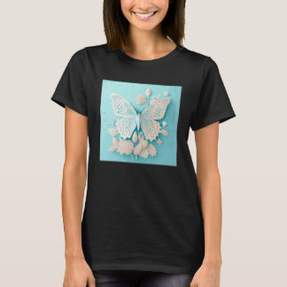 Cute White Butterfly Illustration Flowers Minimal T-Shirt