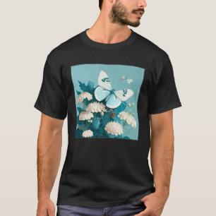 Cute White Butterfly Illustration Flowers Minimal T-Shirt