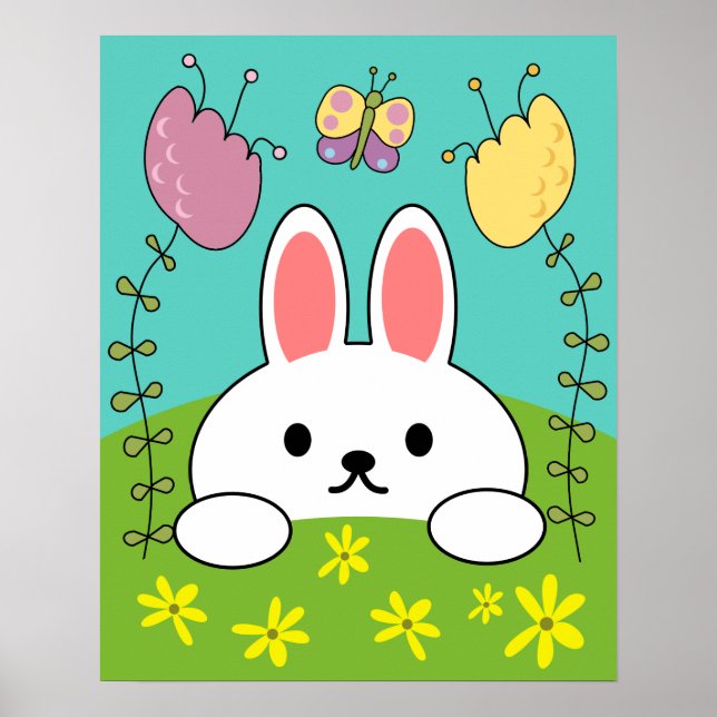 Cute White Cartoon Bunny Rabbit Poster (Front)