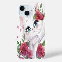 Cute White Cartoon Cat with Roses iPhone Case