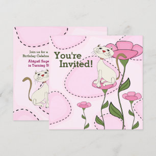 Cute White Cat and Pink Flowers Birthday Invitation