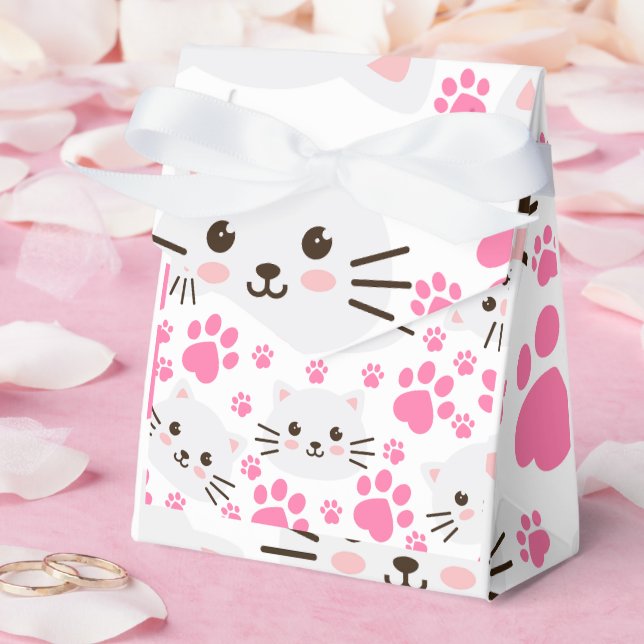 Cute White Cat and Pink Paw Favour Box (Wedding)