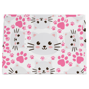 Cute White Cat and Pink Paw Large Gift Bag