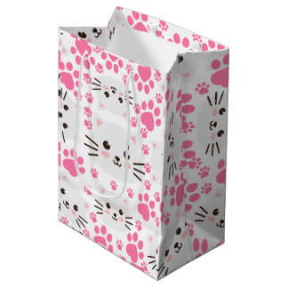 Cute White Cat and Pink Paw Medium Gift Bag