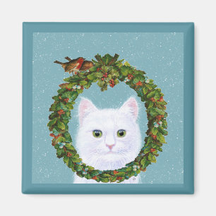 Cute White Cat Birds Christmas Wreath Snow magnet