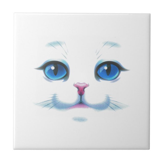 Cute White Cat Blue Eyes Face Ceramic Tile (Front)