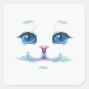 Cute White Cat Blue Eyes Face Square Sticker