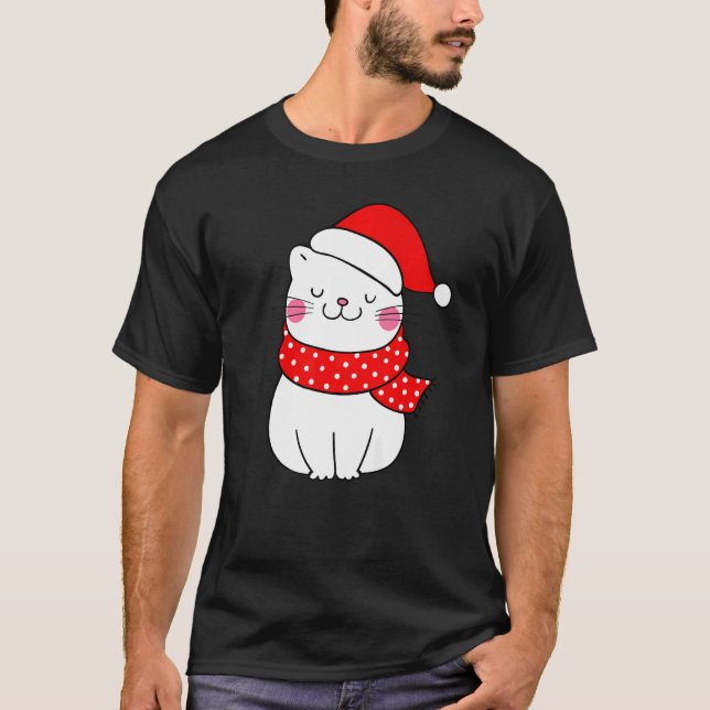 Cute White Cat Christmas Santa Hat Scarf  Cat T-Shirt (Front)