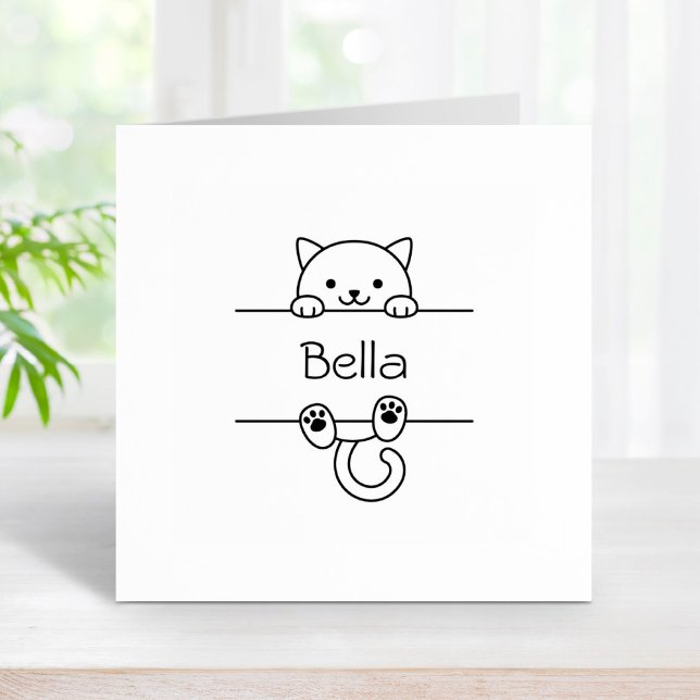 Cute White Cat Custom Name Rubber Stamp (Creator Uploaded)