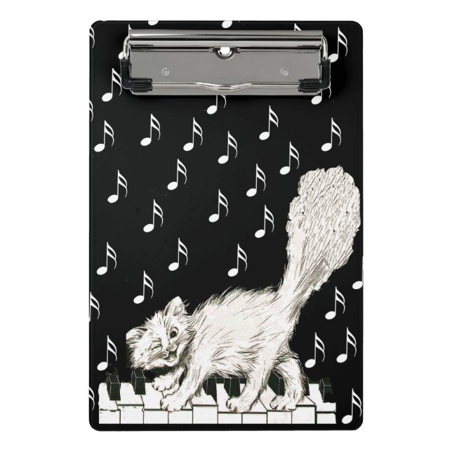 Cute White Cat Dancing on Piano Keyes Drawing Mini Clipboard (Front)