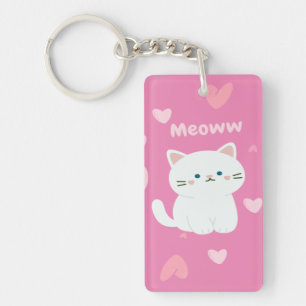Cute White Cat Design With Pink Hearts shape Key Ring