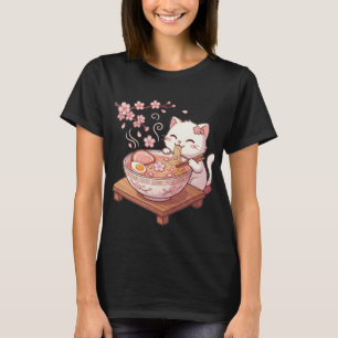 Cute White Cat Eating Sakura Ramen T-Shirt