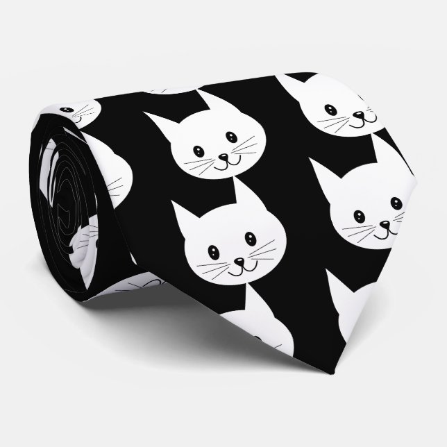 Cute White Cat Face Pattern Tie (Rolled)