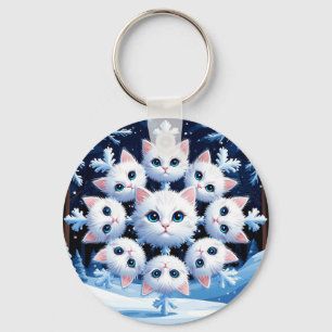 Cute White Cat Faces Arranged in a Snowflake Key Ring