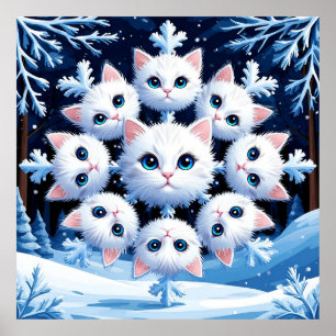 Cute White Cat Faces Arranged in a Snowflake Poster
