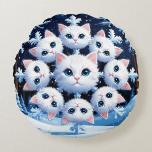 Cute White Cat Faces Arranged in a Snowflake Round Cushion