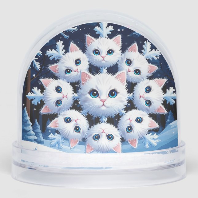 Cute White Cat Faces Arranged in a Snowflake Snowglobe (Front)
