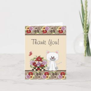 Cute White Cat, Flowers and Butterfly Thank You Card
