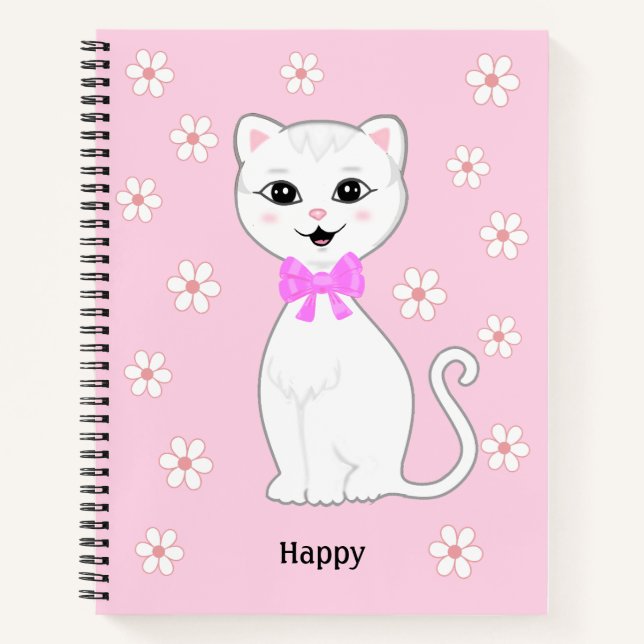 Cute White Cat & Flowers on Light Pink Notebook (Front)