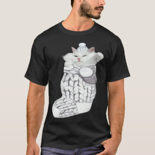 Cute White Cat Fluffy Knitted Sock Christmas T-Shirt