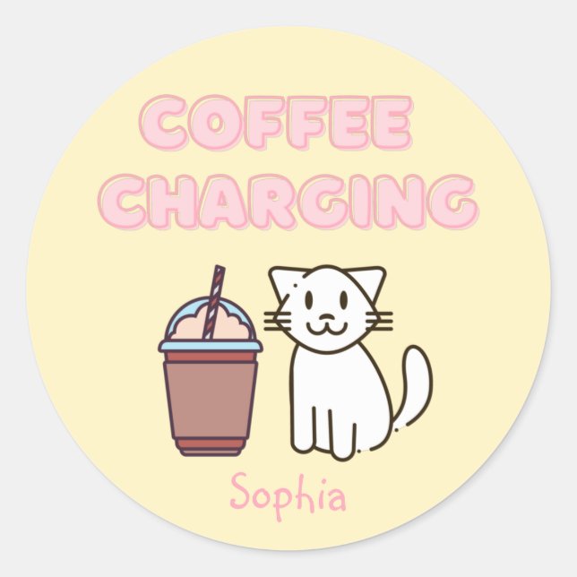 Cute White Cat&Funny Coffee Caffeine Pastel  Classic Round Sticker (Front)