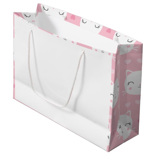 Cute White Cat Girly Pink Pattern Large Gift Bag (Front Angled)