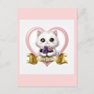Cute White Cat Happy Birthday Holiday Postcard