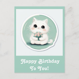 Cute White Cat Happy Birthday Personalised Holiday Postcard