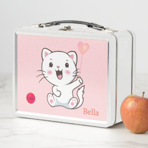 Cute White Cat & Heart Balloon on Light Pink Metal Lunch Box
