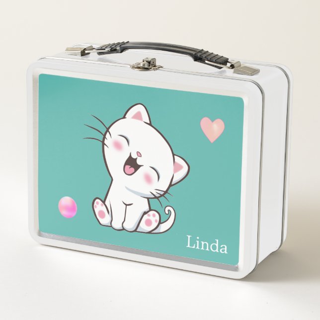 Cute White Cat & Heart on Teal Metal Lunch Box (Front)