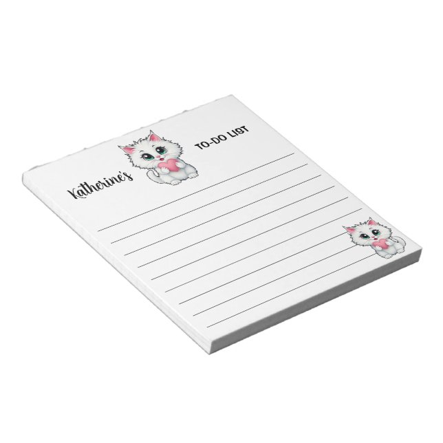 Cute White Cat Holding A Heart 1 Notepad (Angled)
