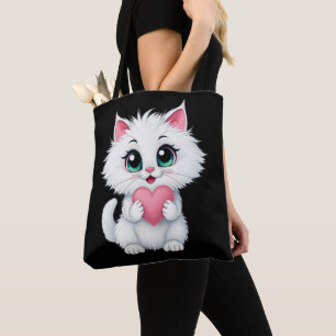 Cute White Cat Holding A Heart 1 Tote Bag