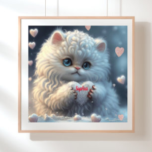Cute White Cat holding heart personalised art  Poster
