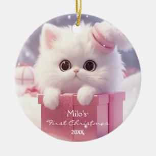 Cute White Cat in a box Christmas Personalized  Ceramic Ornament