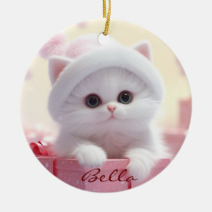 Cute White Cat in a box Christmas Personalized  Ceramic Ornament