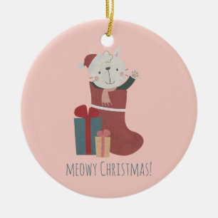 Cute White Cat in Christmas Socks Ceramic Ornament