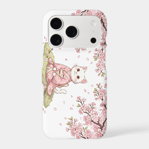 Cute White Cat in Pink Kimono under Cherry Blossom