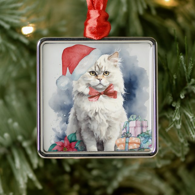Cute White Cat in Santa Hat Gifts Christmas  Metal Ornament (Tree)