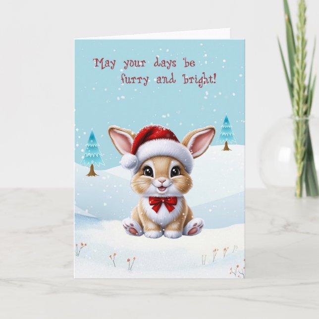 Cute White Cat in Snow Christmas Card (Front)