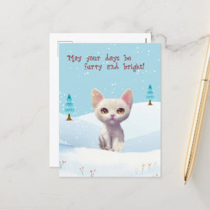 Cute White Cat in Snow Christmas Postcard