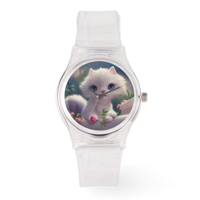 CUTE WHITE CAT KITTEN PINK WRIST WATCH (Front)