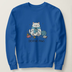 Cute White Cat Knitting Blue Yarn Cozy Design Sweatshirt