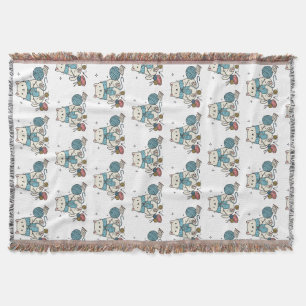 Cute White Cat Knitting Blue Yarn Hobby Graphic Throw Blanket