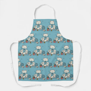 Cute White Cat Knitting Blue Yarn Pattern Art Apron