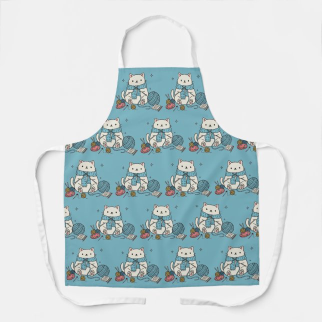 Cute White Cat Knitting Blue Yarn Pattern Art Apron (Front)