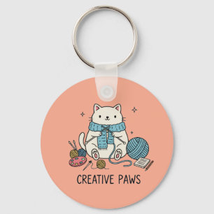 Cute White Cat Knitting with Blue Yarn Coral Art Key Ring